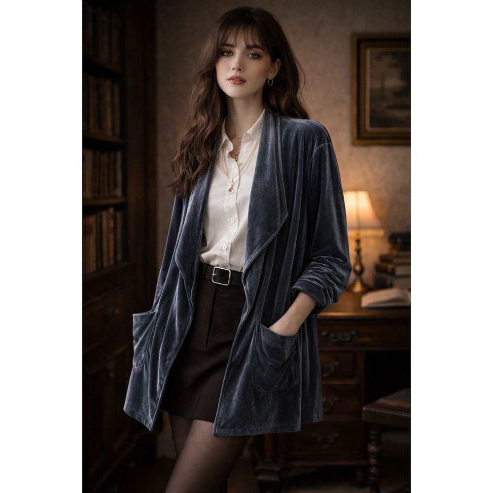 Amaryllis Velvet Cardigan 1X Blue Flowy Whimsygoth Boho Luxe Open Blazer